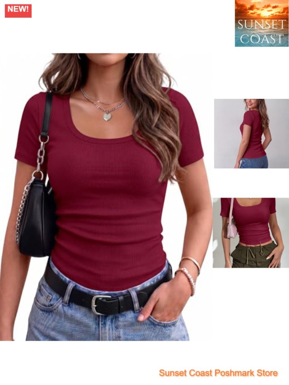 Womens Rib Knit Scoop Neck Short Sleeve Fitted Basic Tee Top